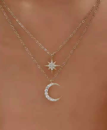 .925 Sterling Silver Star and Moon Double Dangle Necklace with CZ