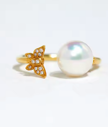 14kt Pearl and Butterfly Diamond Ring