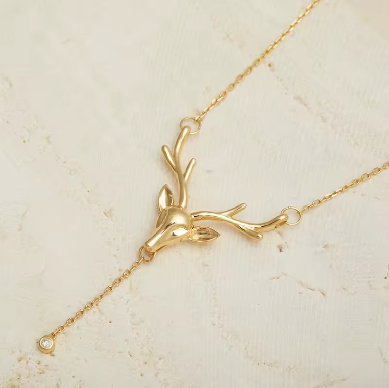 14kt Gold Deer Head  Lab Diamond Necklace