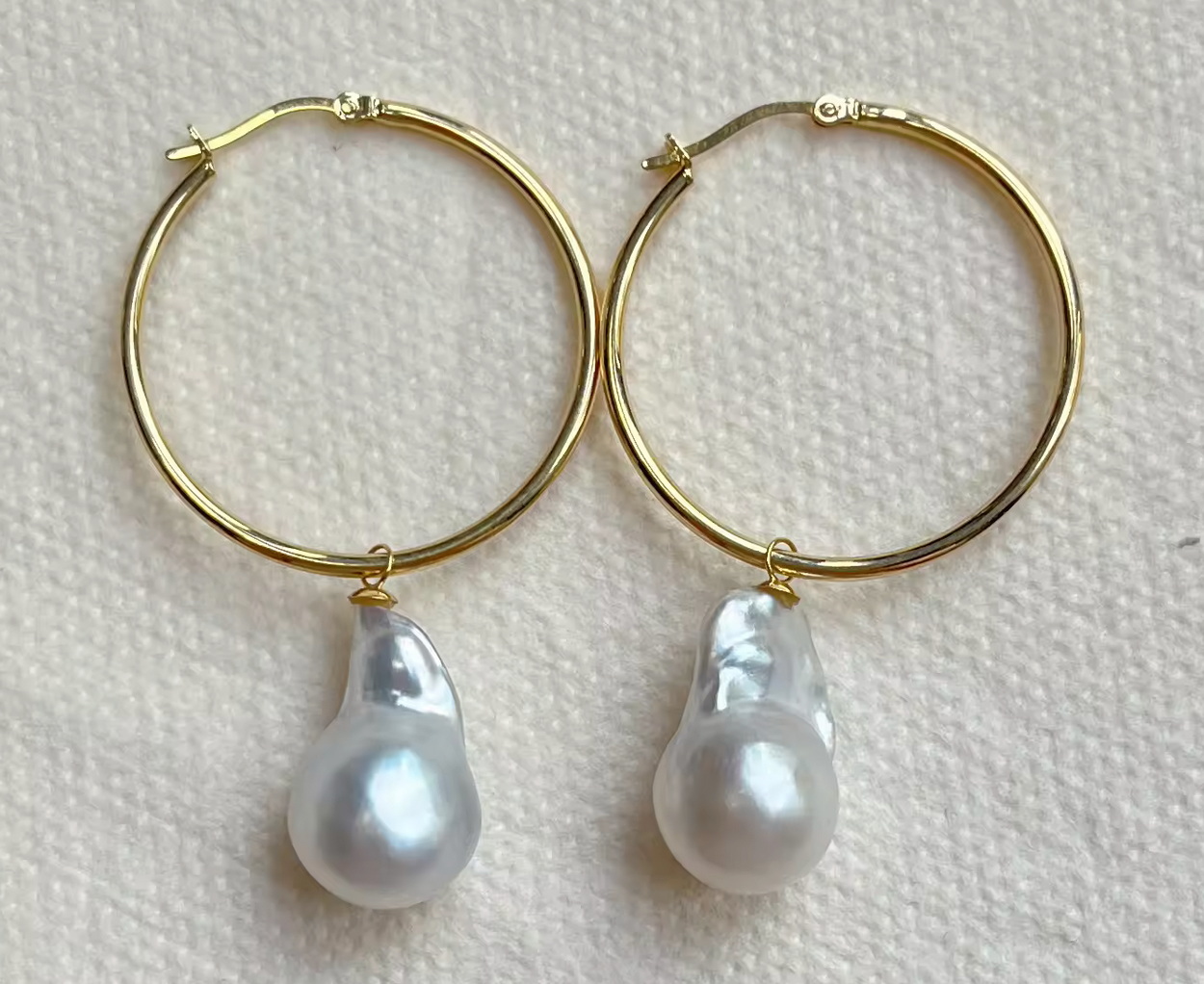 14kt Yellow Gold Hoops with Baroque Sea Water Pearl Charms