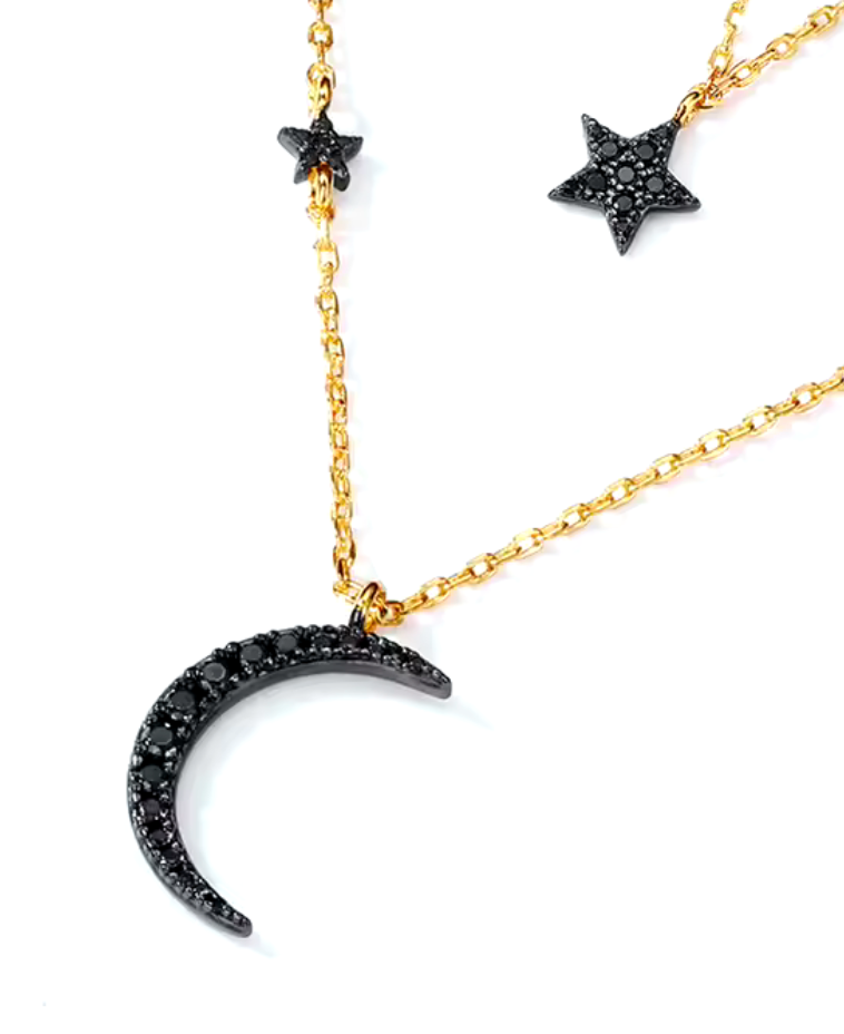 Gold over Sterling Silver Moon and Stars Zircon Necklace