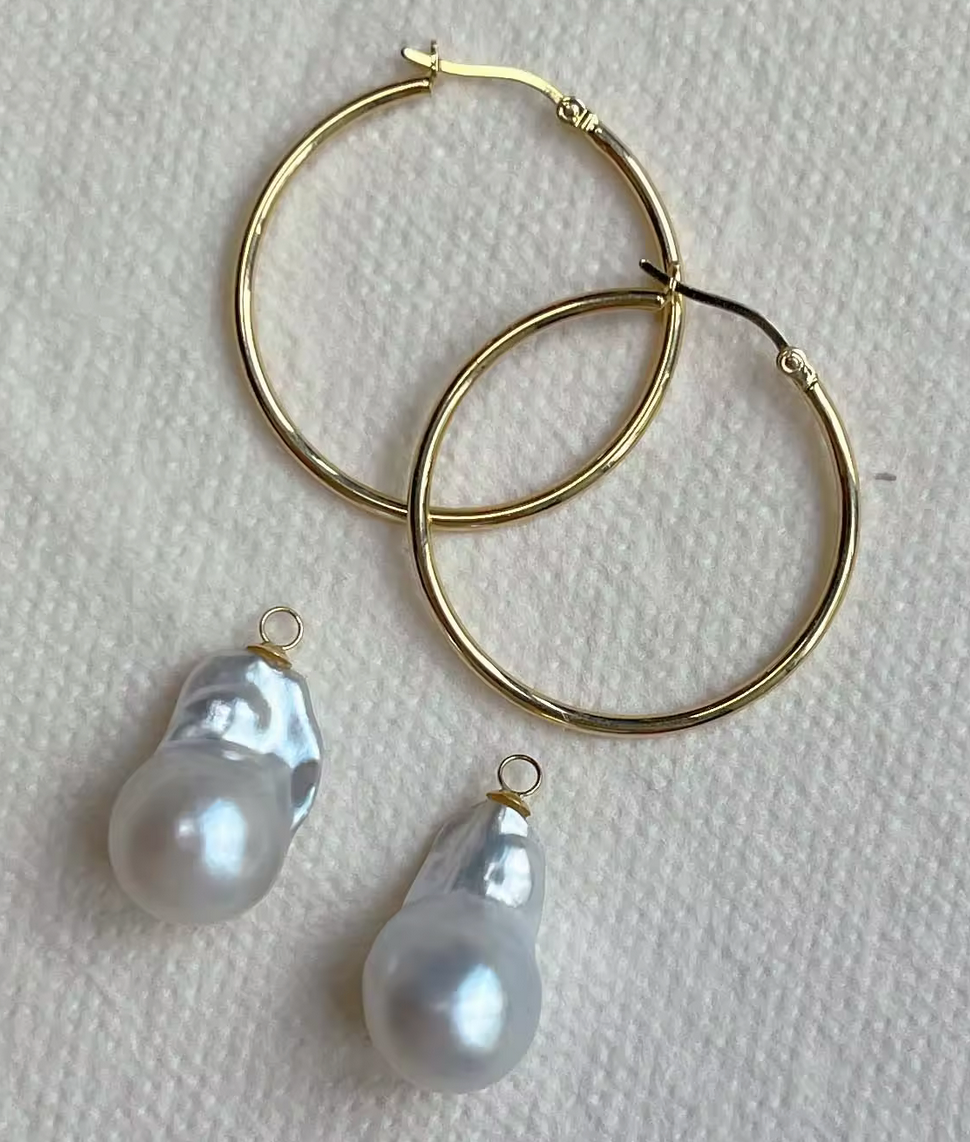 14kt Yellow Gold Hoops with Baroque Sea Water Pearl Charms