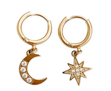 Stainless Steel with Gold Plating Sun, Moon Hoop Earrings