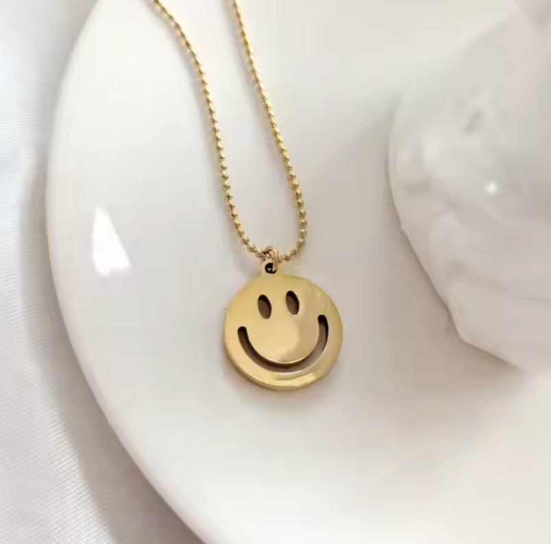 18kt Yellow Gold over Stainless Steel Smiley Face Necklace