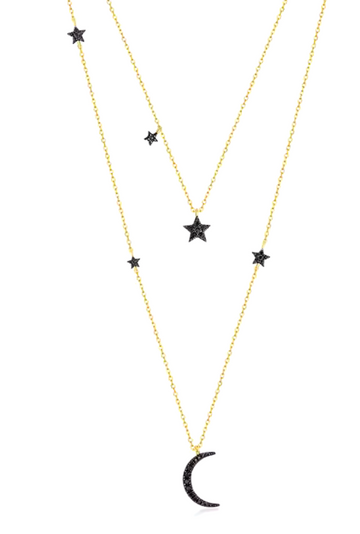 Gold over Sterling Silver Moon and Stars Zircon Necklace