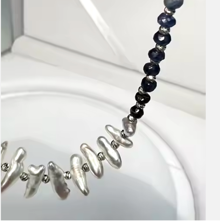 Sapphire and Freshwater Pearl Artsy Necklace with 18kt Gold